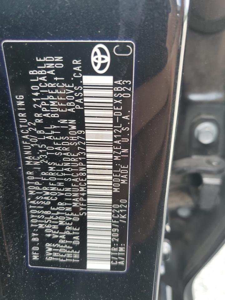 2022 TOYOTA COROLLA SE VIN:5YFP4MCE8NP137279