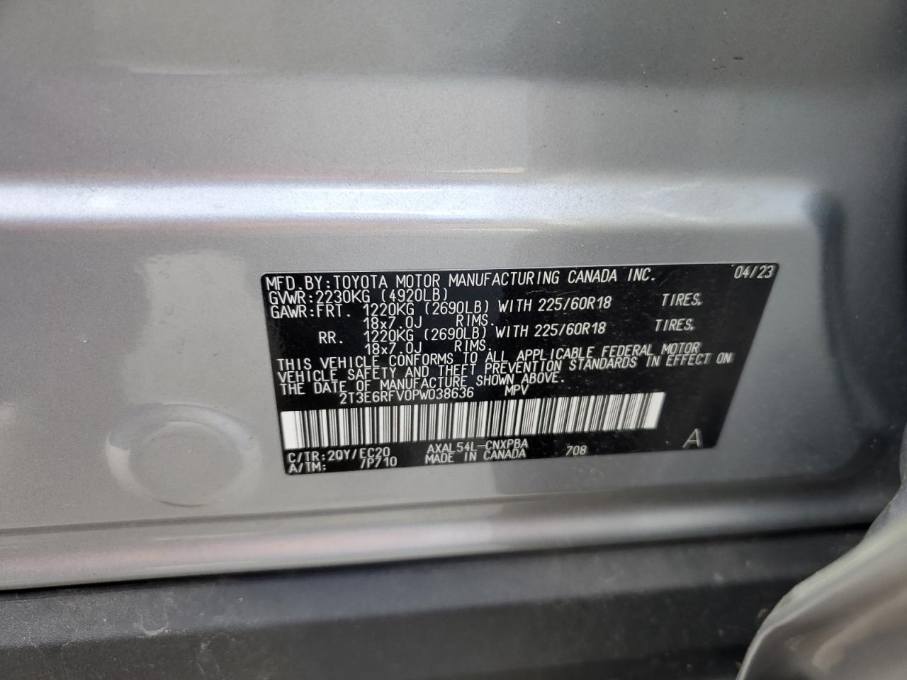 2023 TOYOTA RAV4 XSE VIN:2T3E6RFV0PW038636