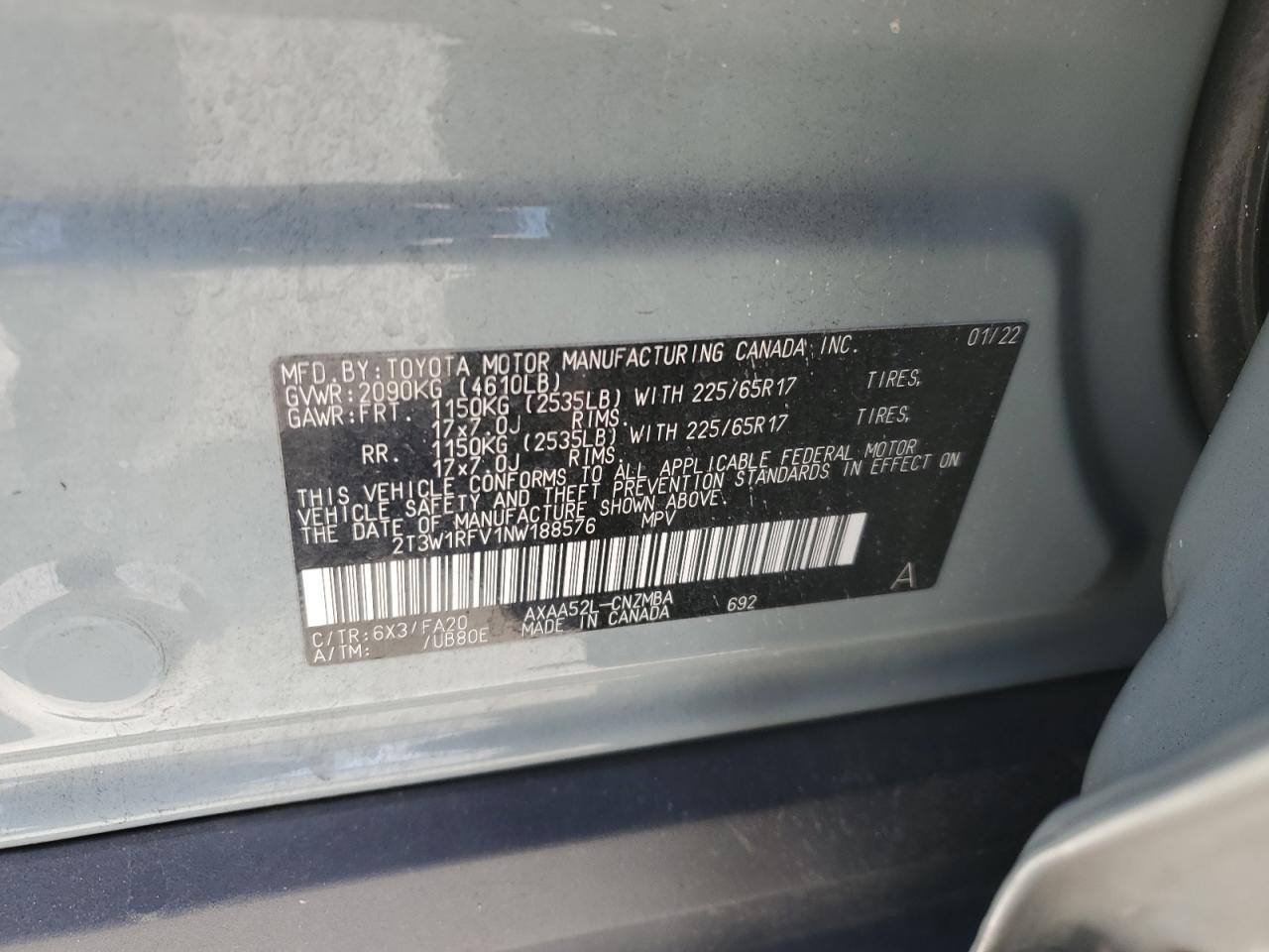 2022 TOYOTA RAV4 XLE VIN:2T3W1RFV1NW188576