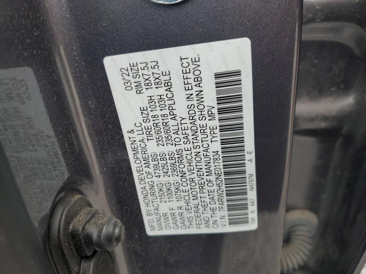 2022 HONDA CR-V EX VIN:7FARW2H52NE017834