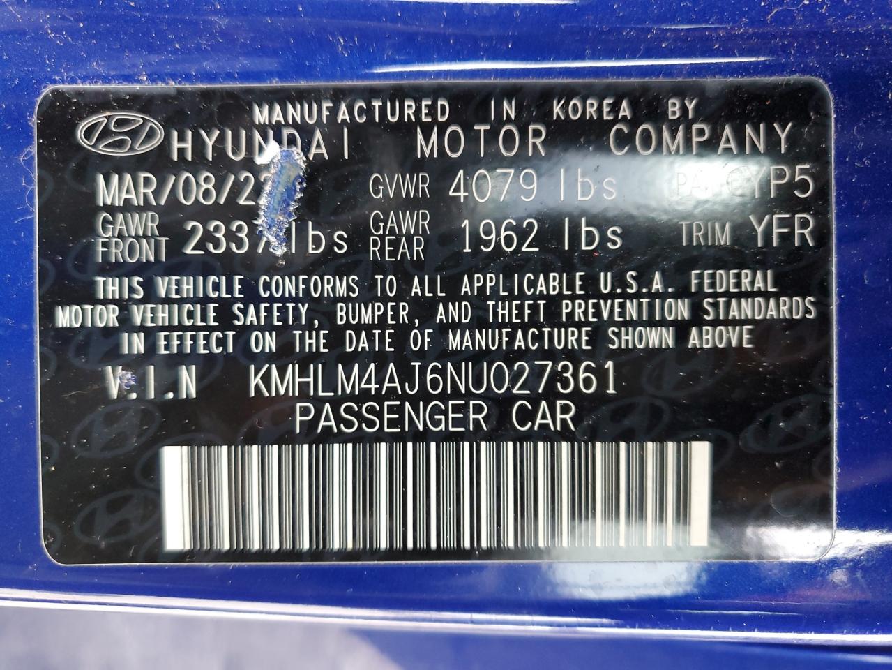 2022 HYUNDAI ELANTRA BLUE VIN:KMHLM4AJ6NU027361
