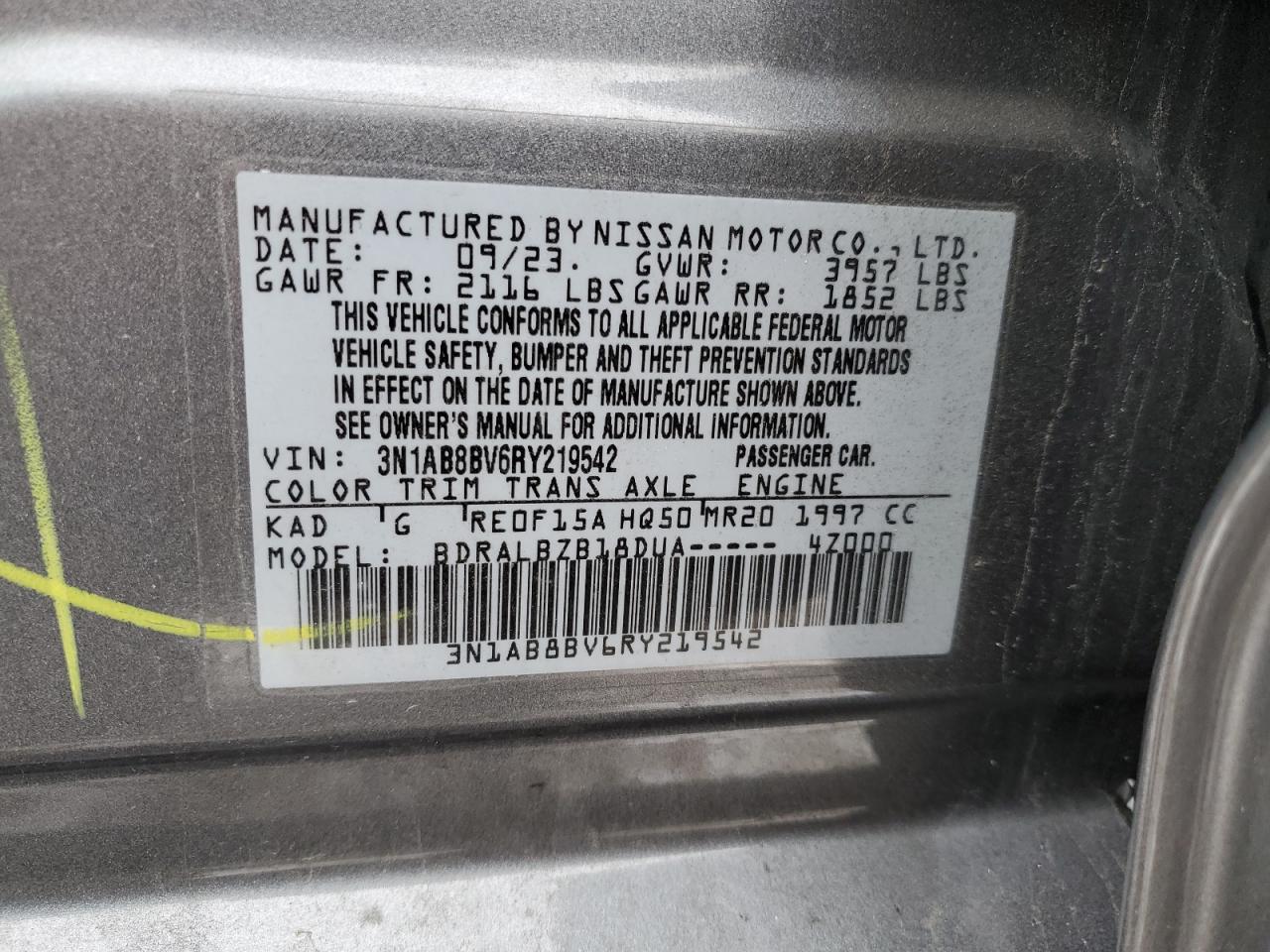 2024 NISSAN SENTRA S VIN:3N1AB8BV6RY219542