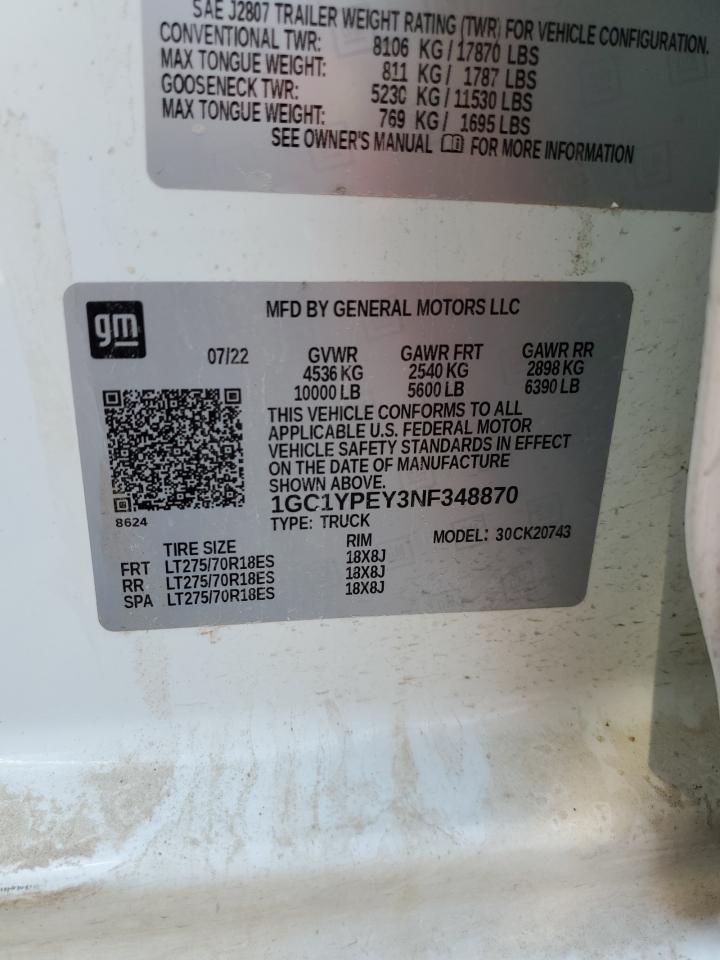 2022 CHEVROLET SILVERADO K2500 HEAVY DUTY LTZ VIN:1GC1YPEY3NF348870