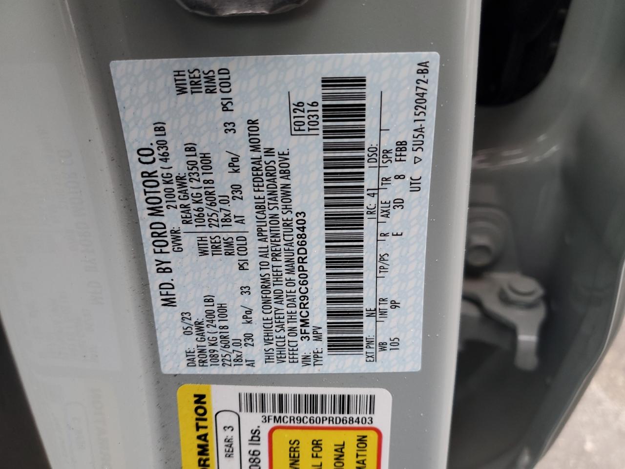 2023 FORD BRONCO SPORT OUTER BANKS VIN:3FMCR9C60PRD68403