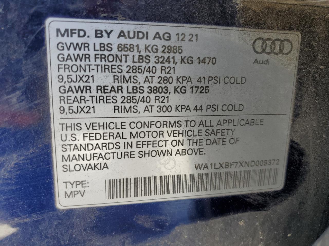 2022 AUDI Q7 PREMIUM PLUS VIN:WA1LXBF7XND009372