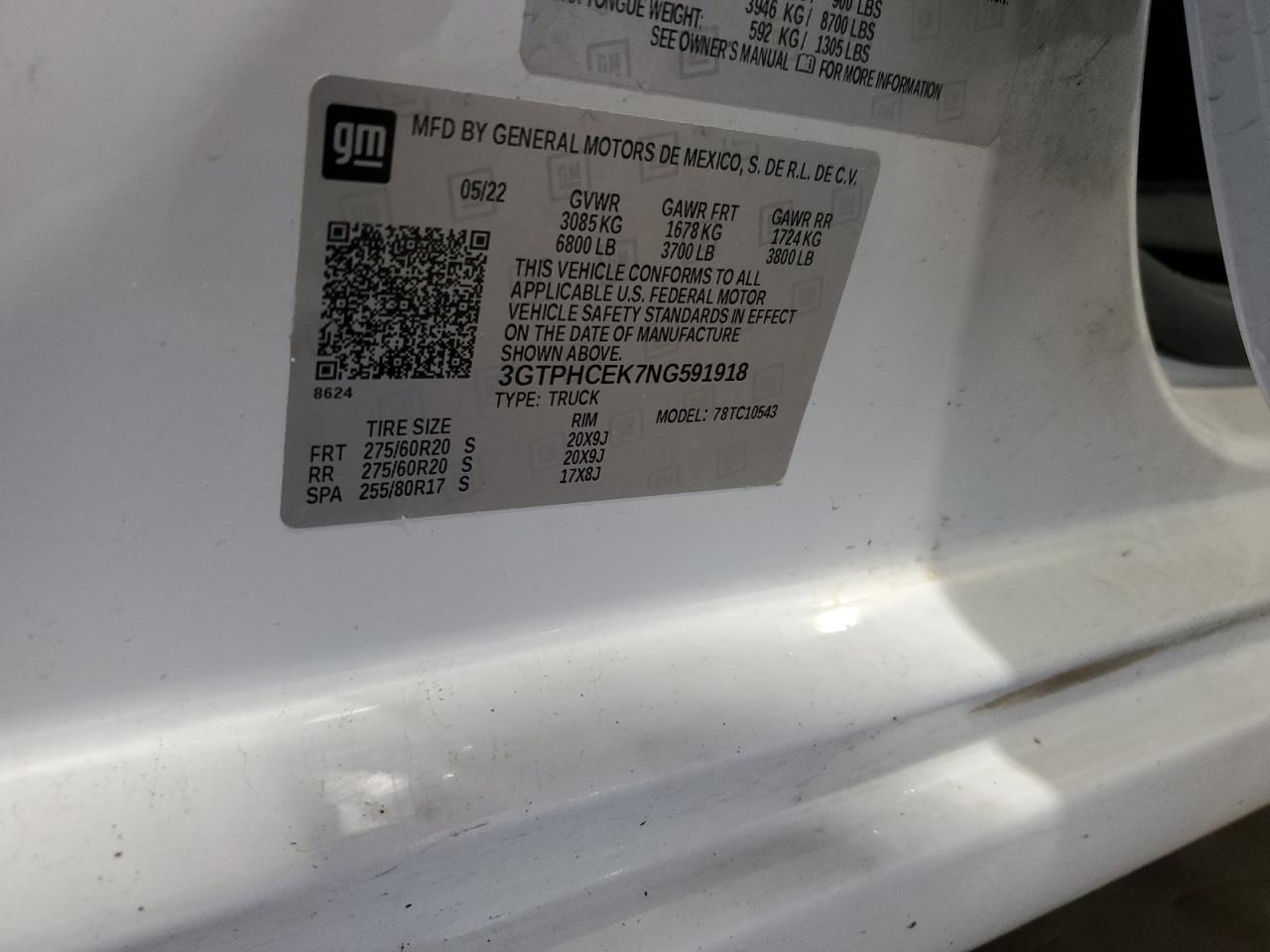 2022 GMC SIERRA C1500 ELEVATION VIN:3GTPHCEK7NG591918