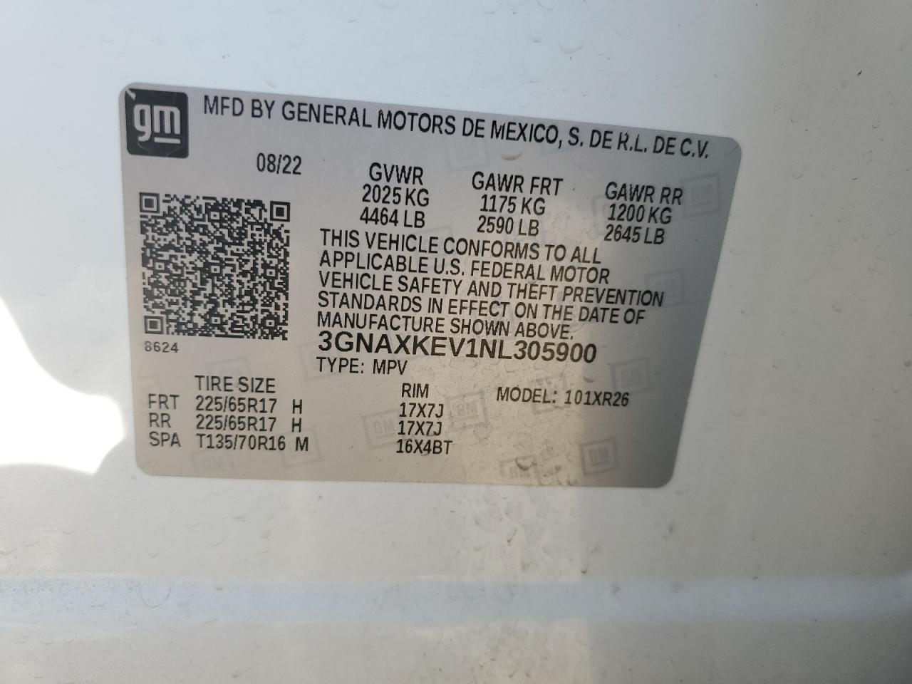 2022 CHEVROLET EQUINOX LT VIN:3GNAXKEV1NL305900