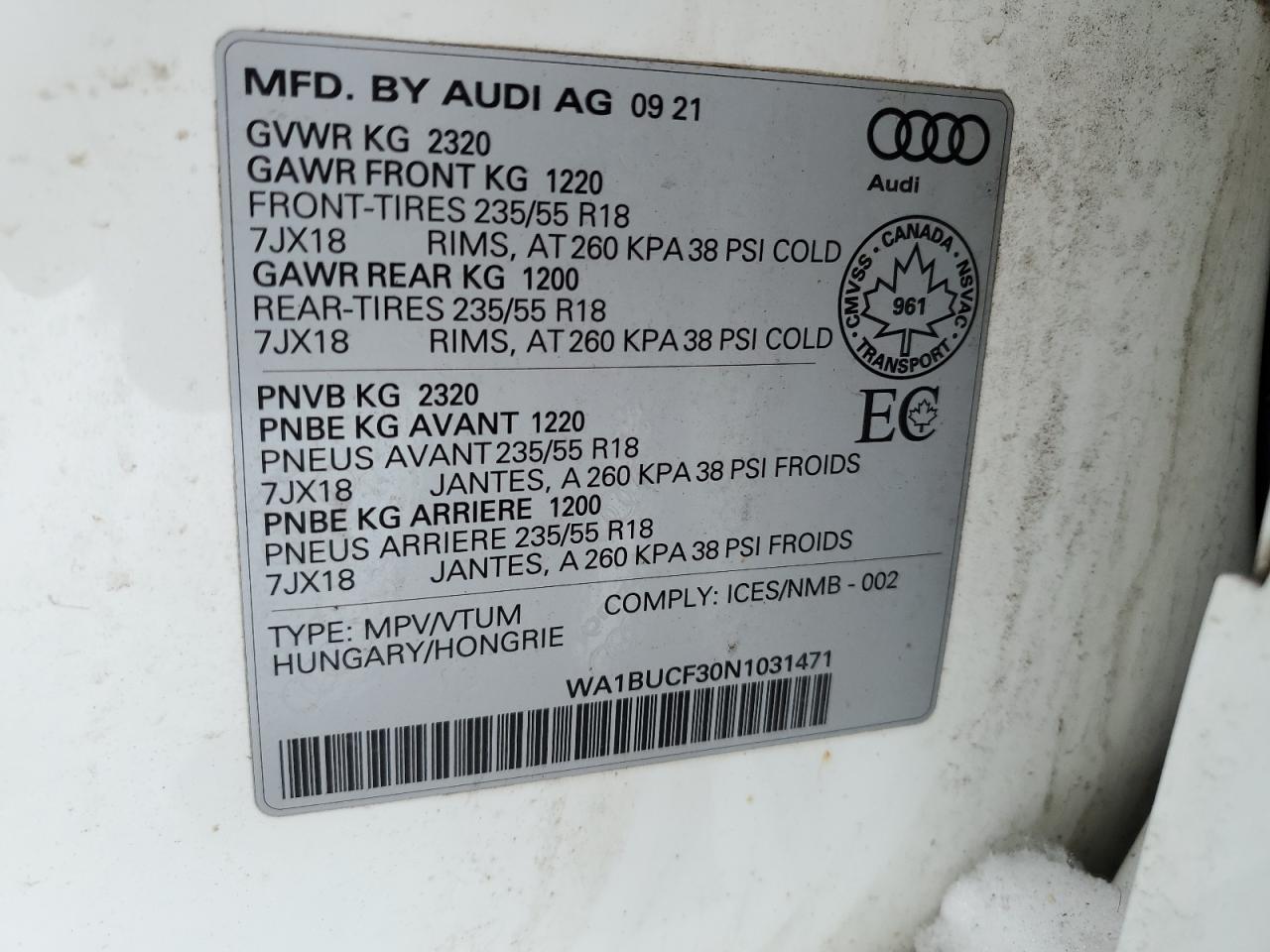 2022 AUDI Q3 PREMIUM PLUS 40 VIN:WA1BUCF30N1031471