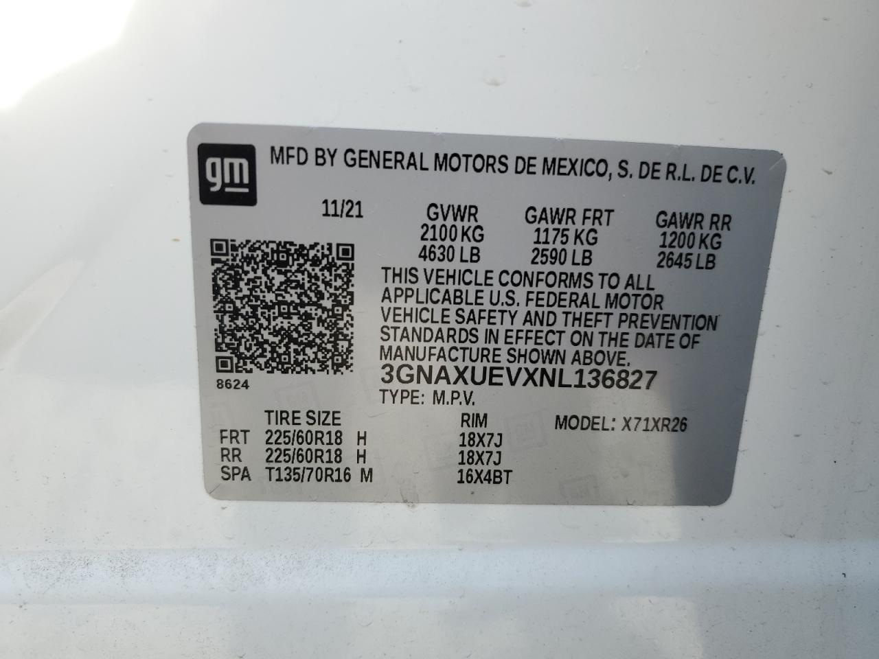 2022 CHEVROLET EQUINOX LT VIN:3GNAXUEVXNL136827