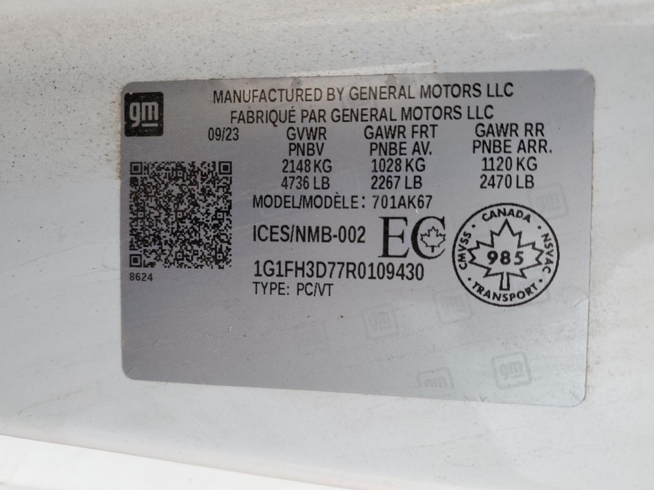 2024 CHEVROLET CAMARO SS VIN:1G1FH3D77R0109430