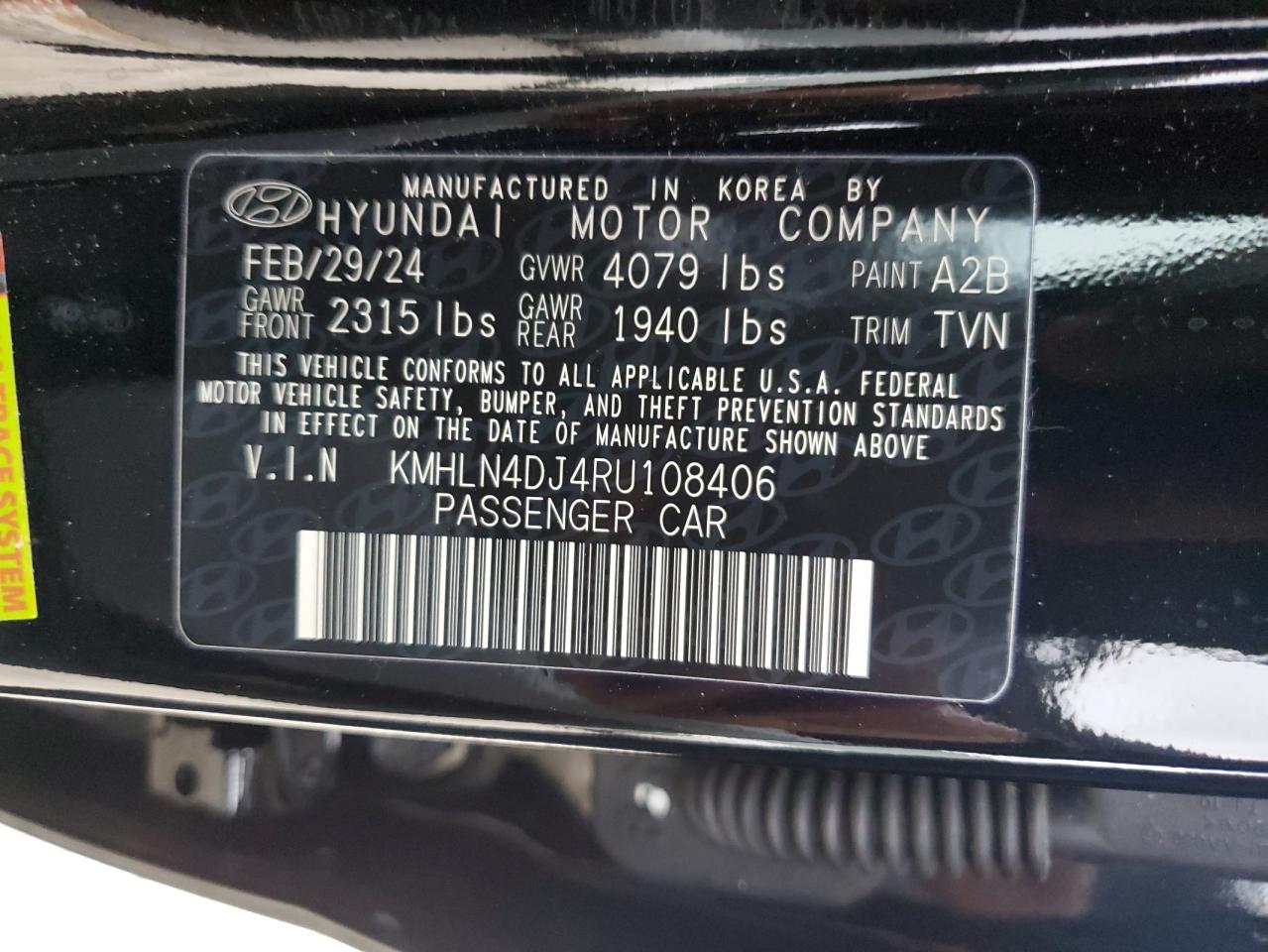 2024 HYUNDAI ELANTRA LIMITED VIN:KMHLN4DJ4RU108406