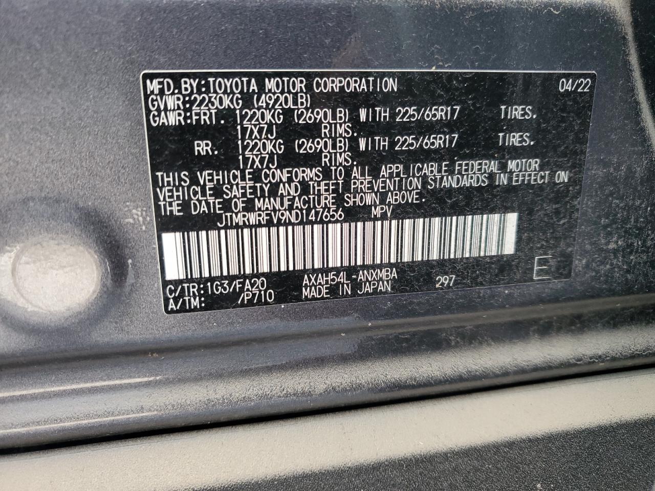 2022 TOYOTA RAV4 XLE VIN:JTMRWRFV9ND147656
