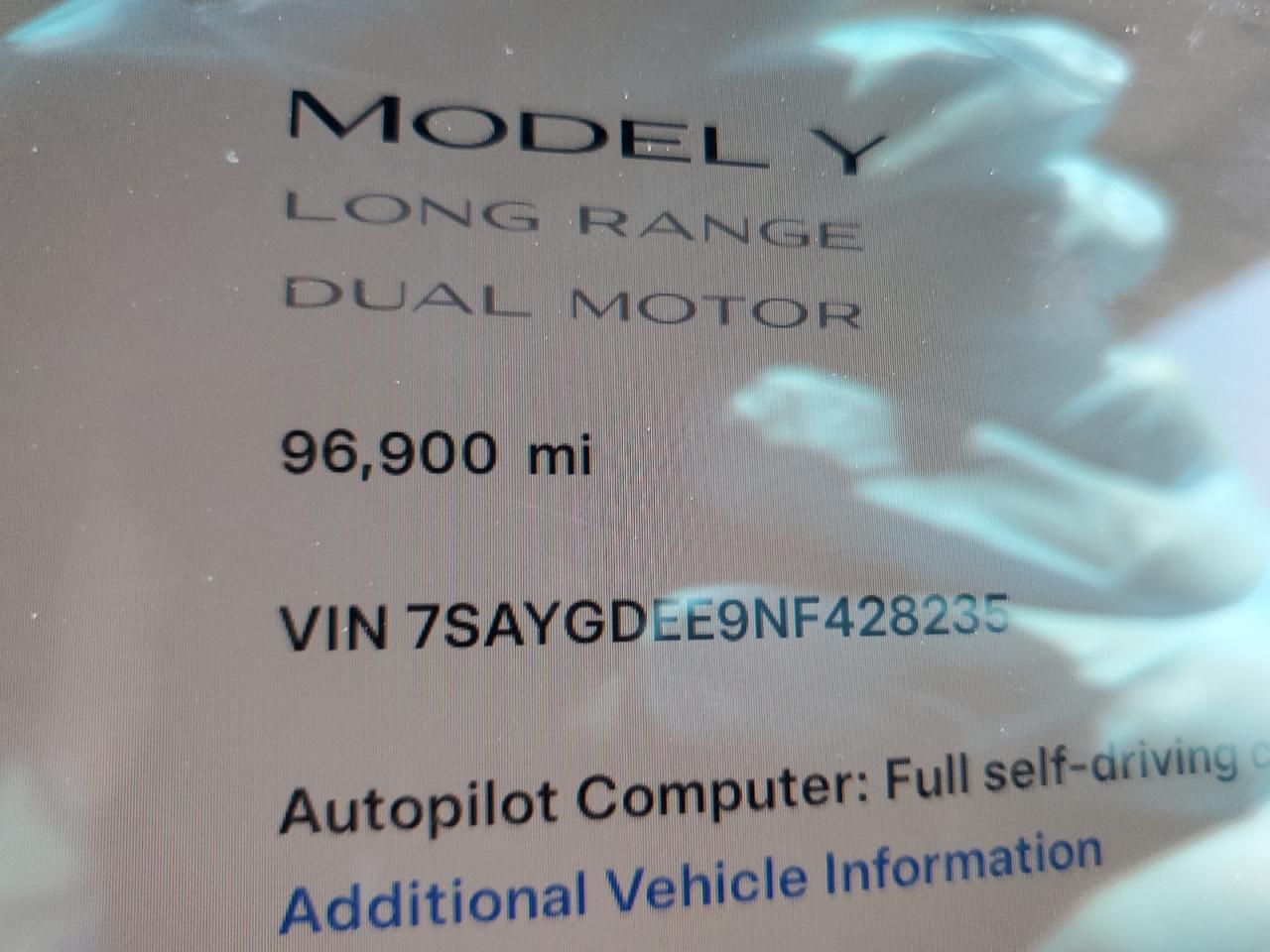 2022 TESLA MODEL Y  VIN:WP0AA2A8XNS255297