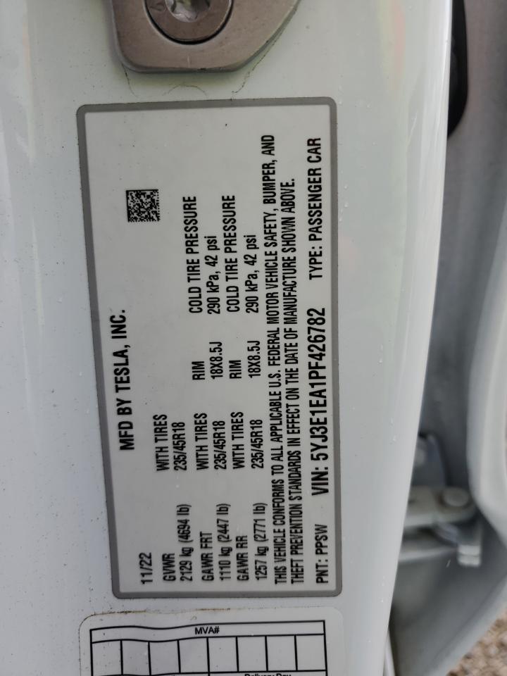 2023 TESLA MODEL 3 VIN:5YJ3E1EA1PF426782