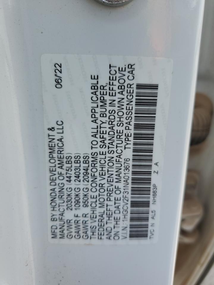 2022 HONDA ACCORD SPORT VIN:1HGCV2F31NA013676
