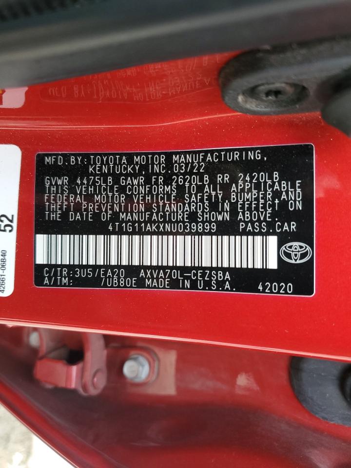 2022 TOYOTA CAMRY SE VIN:4T1G11AKXNU039899
