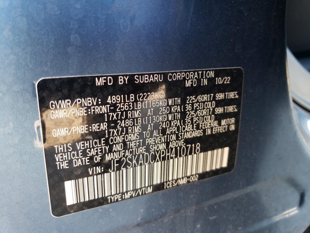 2023 SUBARU FORESTER PREMIUM VIN:JF2SKADCXPH410718