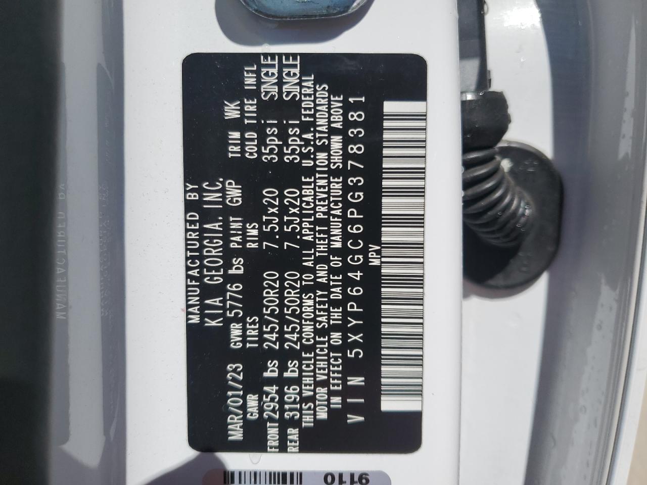 2023 KIA TELLURIDE S VIN:5XYP64GC6PG378381