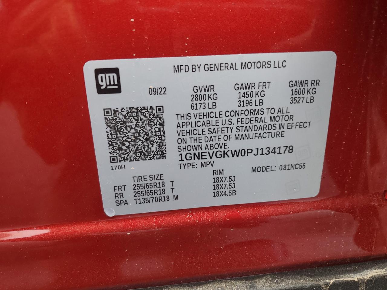 2023 CHEVROLET TRAVERSE LT VIN:1GNEVGKW0PJ134178