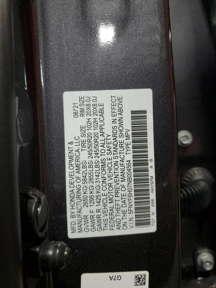 2022 HONDA PILOT ELITE VIN:5FNYF6H07NB004564
