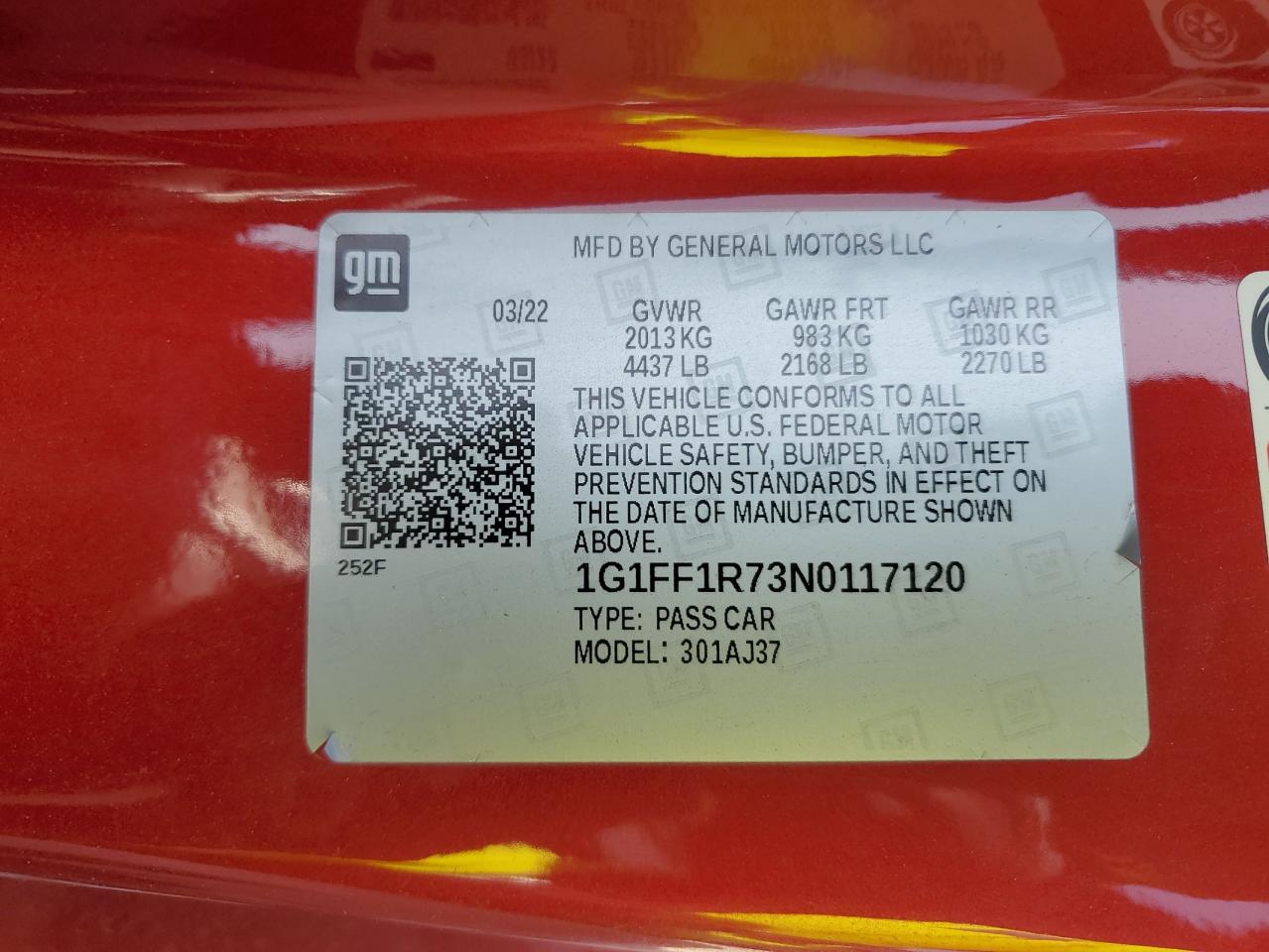 2022 CHEVROLET CAMARO LT1 VIN:1G1FF1R73N0117120