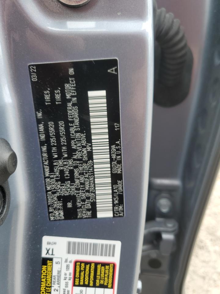 2022 TOYOTA HIGHLANDER PLATINUM VIN:5TDFZRAH4NS114709