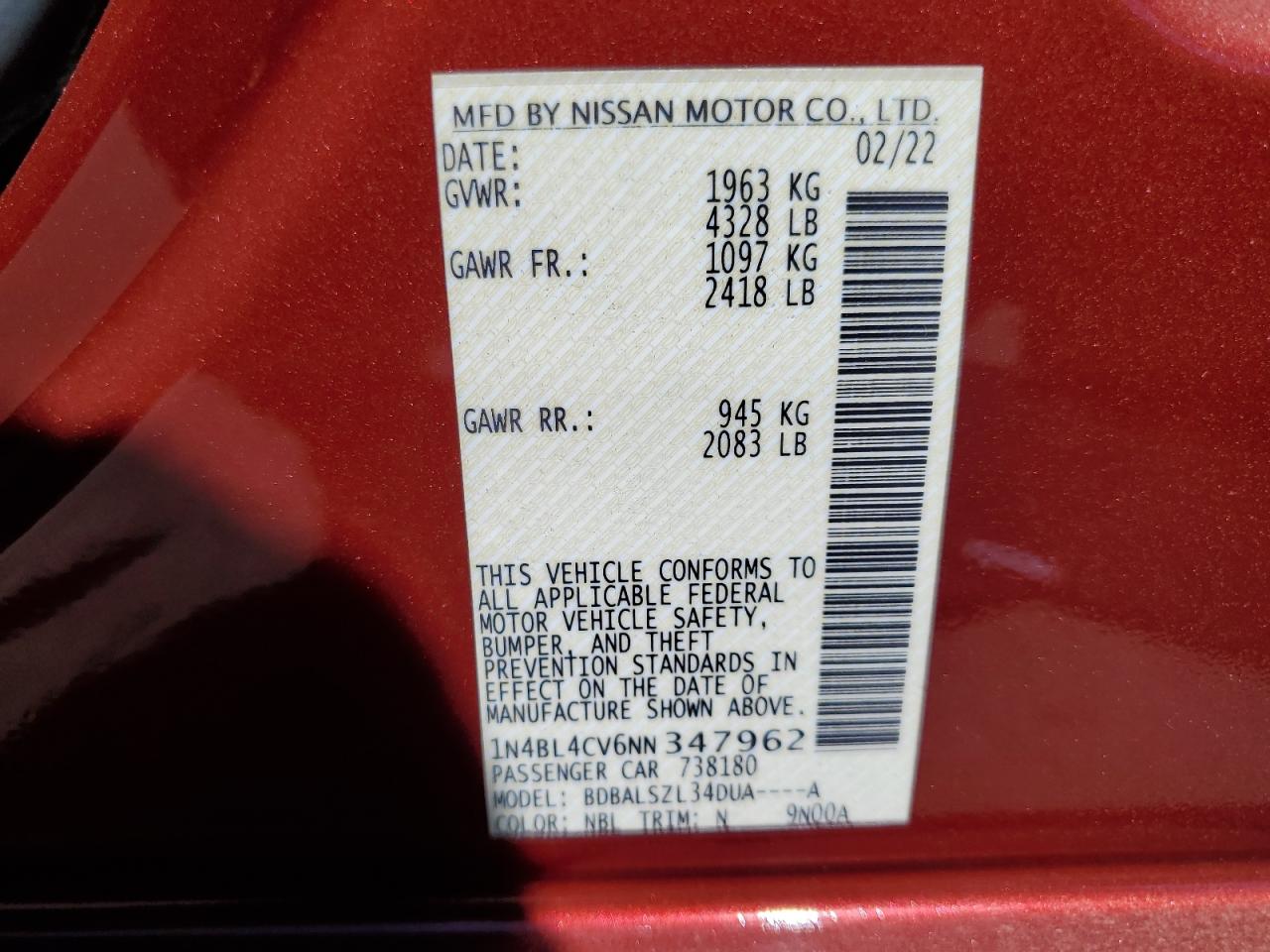 2022 NISSAN ALTIMA SR VIN:1N4BL4CV6NN347962
