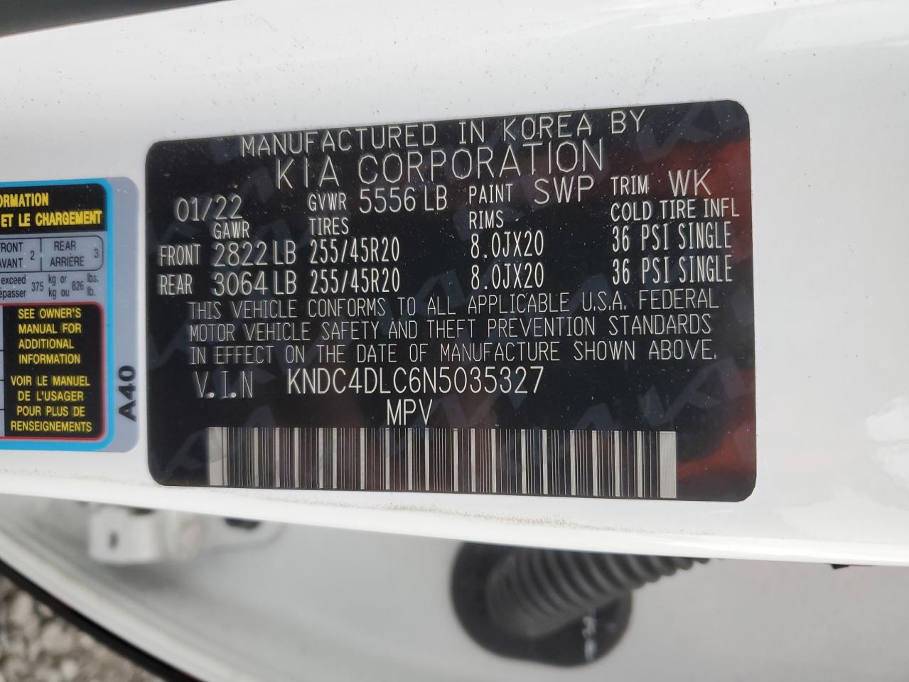 2022 KIA EV6 GT LINE VIN:KNDC4DLC6N5035327