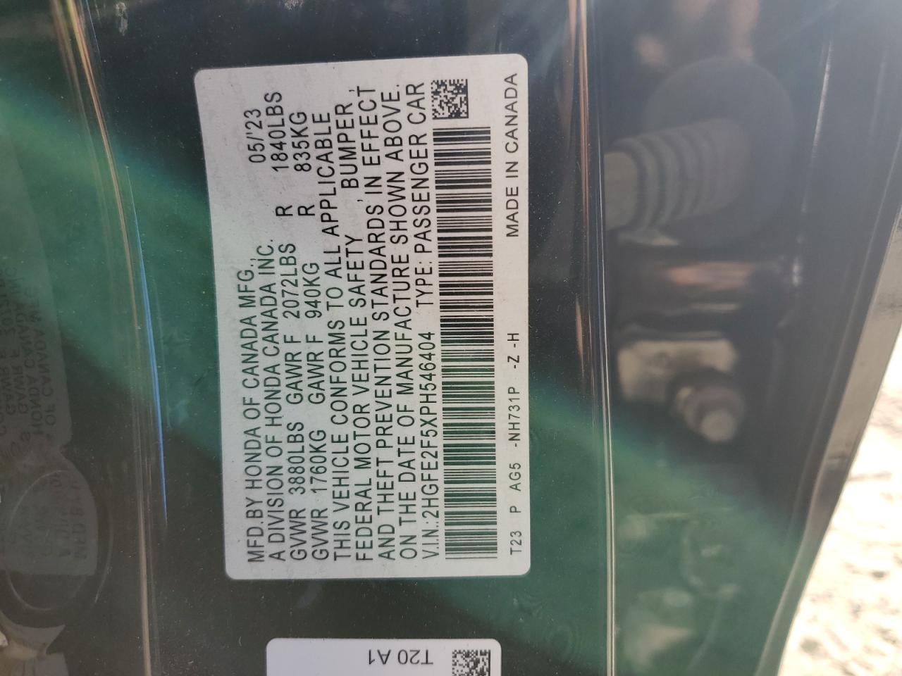 2023 HONDA CIVIC SPORT VIN:2HGFE2F5XPH546404