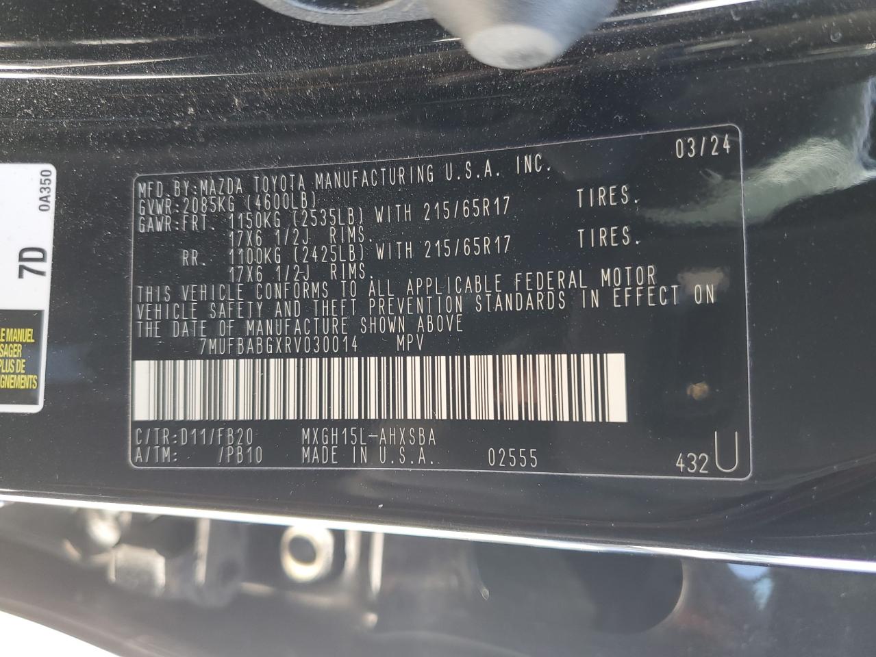 2024 TOYOTA COROLLA CROSS SE VIN:7MUFBABGXRV030014