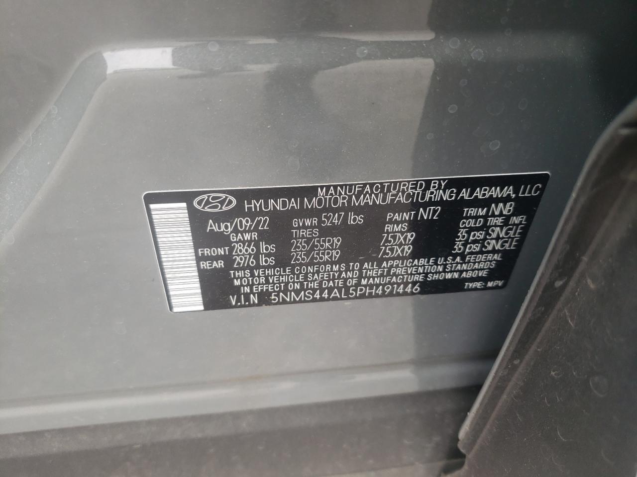 2023 HYUNDAI SANTA FE LIMITED VIN:5NMS44AL5PH491446