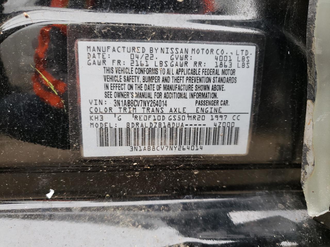 2022 NISSAN SENTRA SV VIN:3N1AB8CV7NY264014