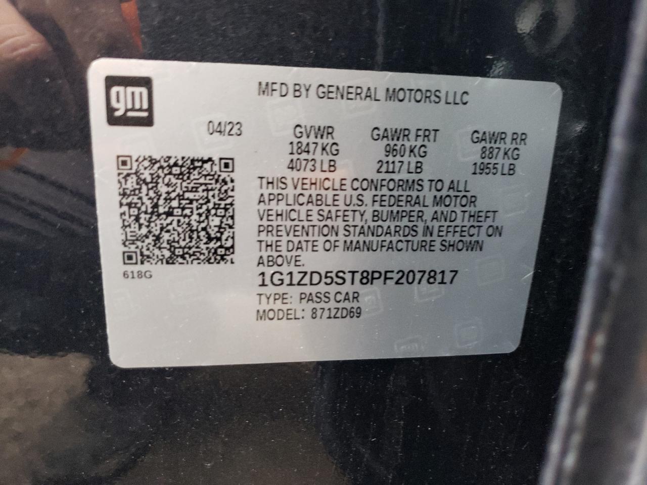 2023 CHEVROLET MALIBU LT VIN:1G1ZD5ST8PF207817