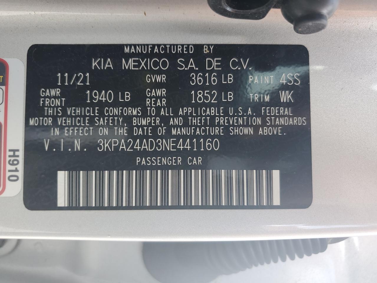 2022 KIA RIO LX VIN:3KPA24AD3NE441160