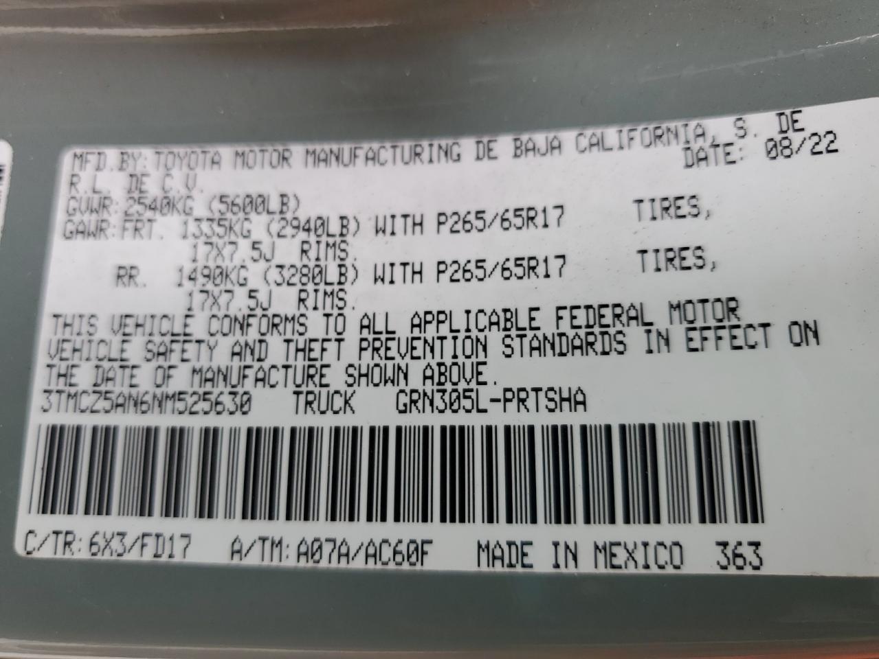 2022 TOYOTA TACOMA DOUBLE CAB VIN:3TMCZ5AN6NM525630