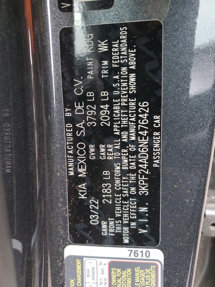 2022 KIA FORTE FE VIN:3KPF24AD6NE476426