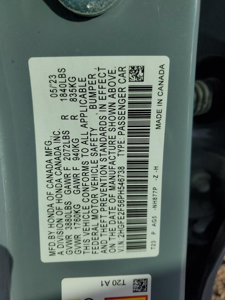 2023 HONDA CIVIC SPORT VIN:2HGFE2F56PH546738