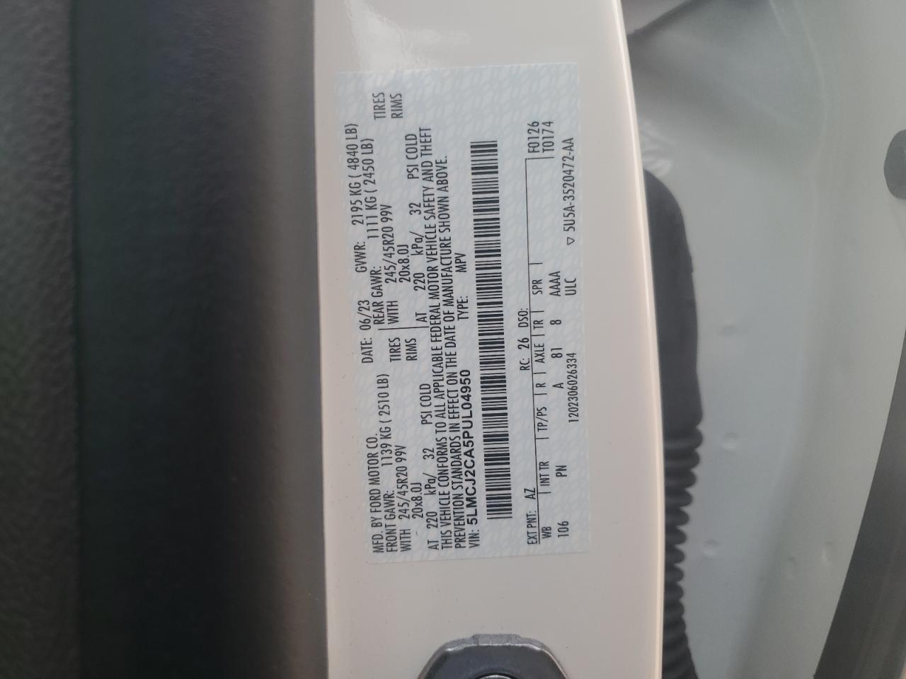 2023 LINCOLN CORSAIR RESERVE VIN:5LMCJ2CA5PUL04950