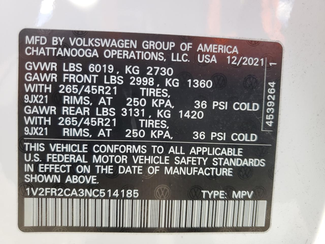 2022 VOLKSWAGEN ATLAS SEL PREMIUM R-LINE VIN:1V2FR2CA3NC514185