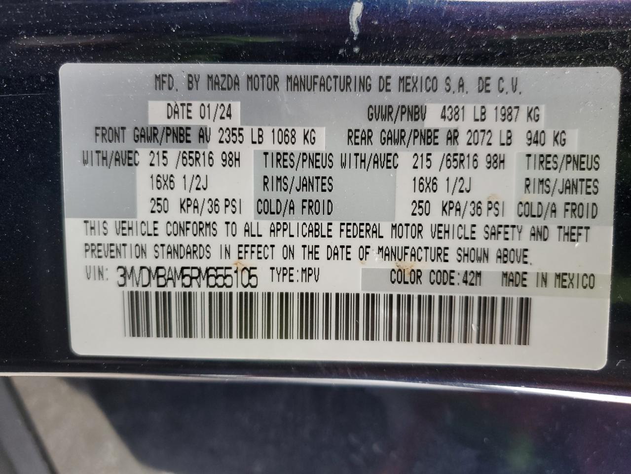 2024 MAZDA CX-30  VIN:3MVDMBAM5RM655105