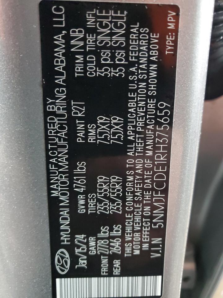 2024 HYUNDAI TUCSON SEL VIN:5NMJFCDE1RH375659