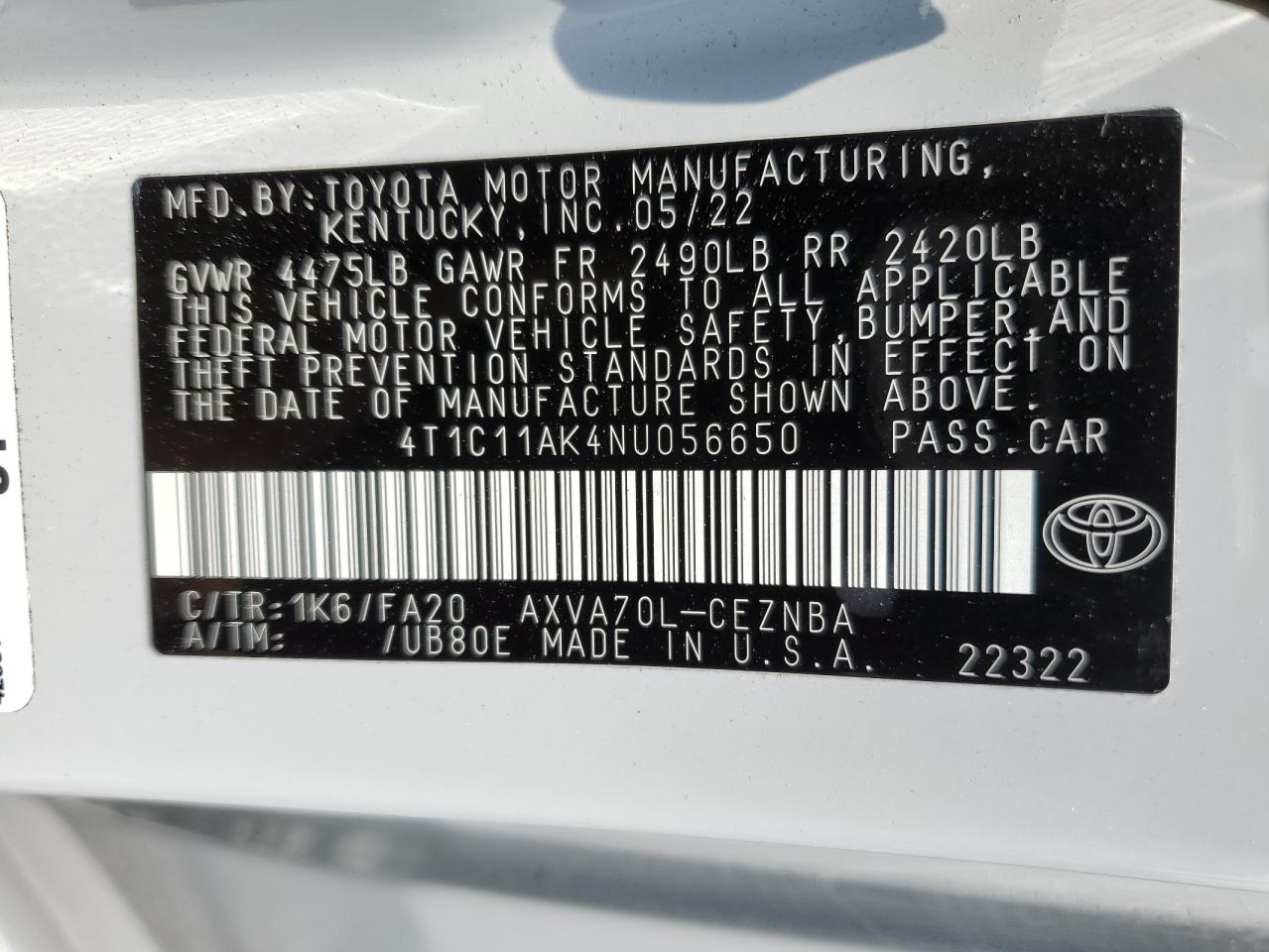 2022 TOYOTA CAMRY LE VIN:4T1C11AK4NU056650