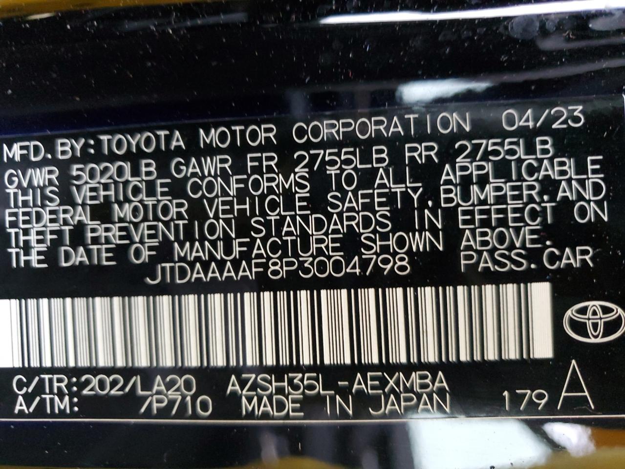 2023 TOYOTA CROWN XLE VIN:JTDAAAAF8P3004798