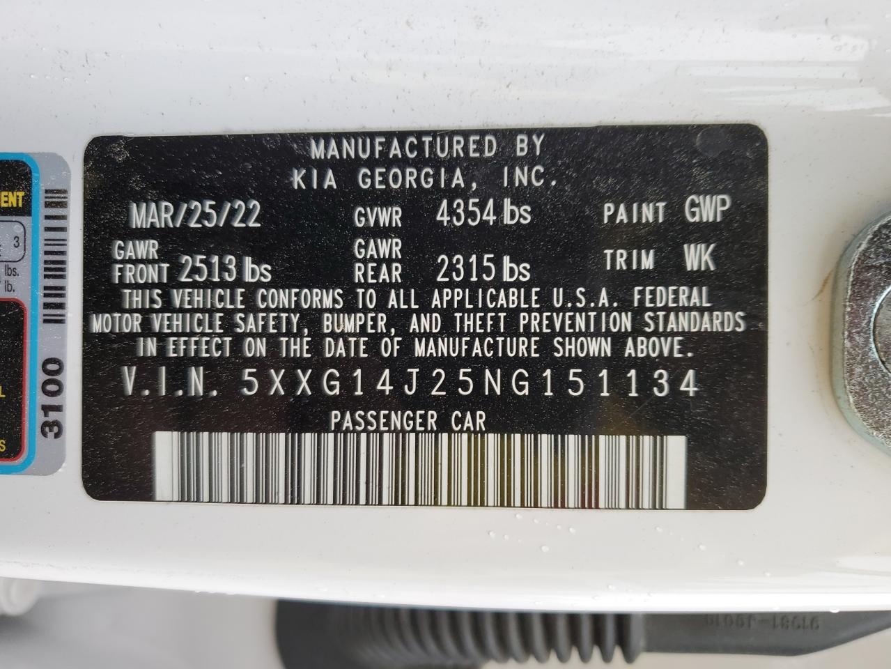 2022 KIA K5 LXS VIN:5XXG14J25NG151134