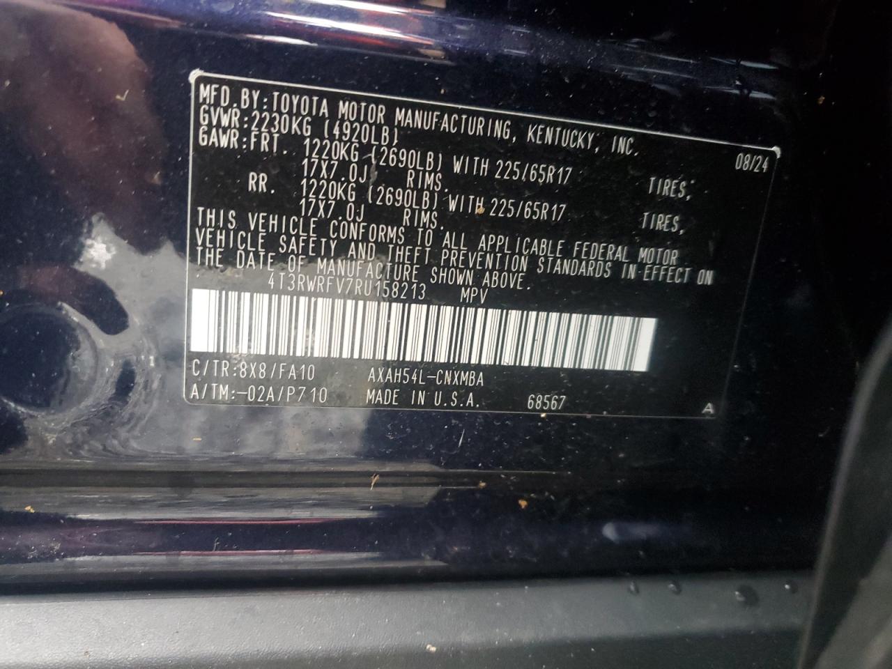 2024 TOYOTA RAV4 XLE VIN:4T3RWRFV7RU158213