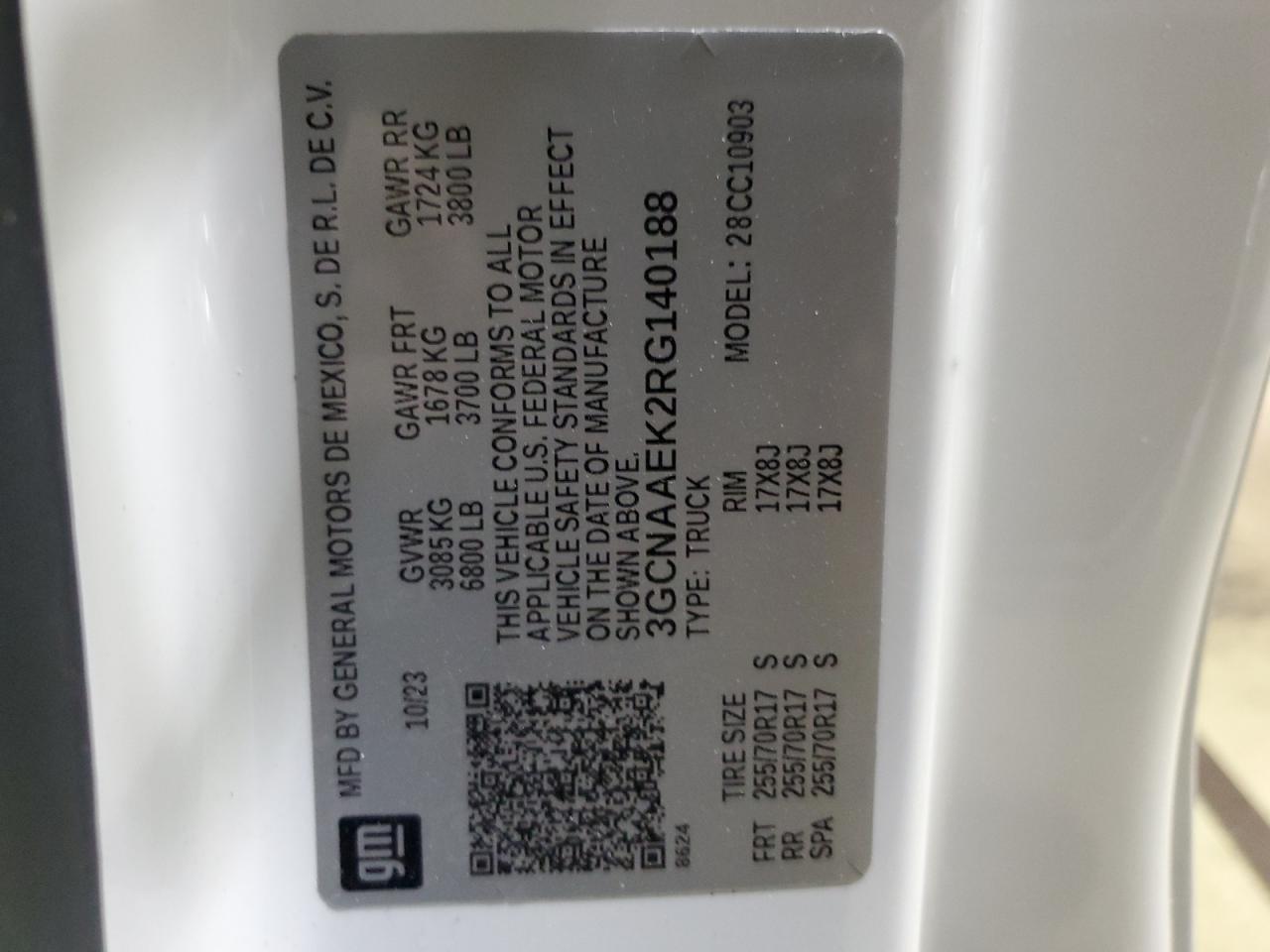 2024 CHEVROLET SILVERADO C1500 VIN:3GCNAAEK2RG140188