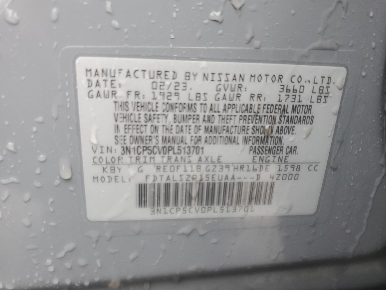 2023 NISSAN KICKS SV VIN:3N1CP5CV0PL513701