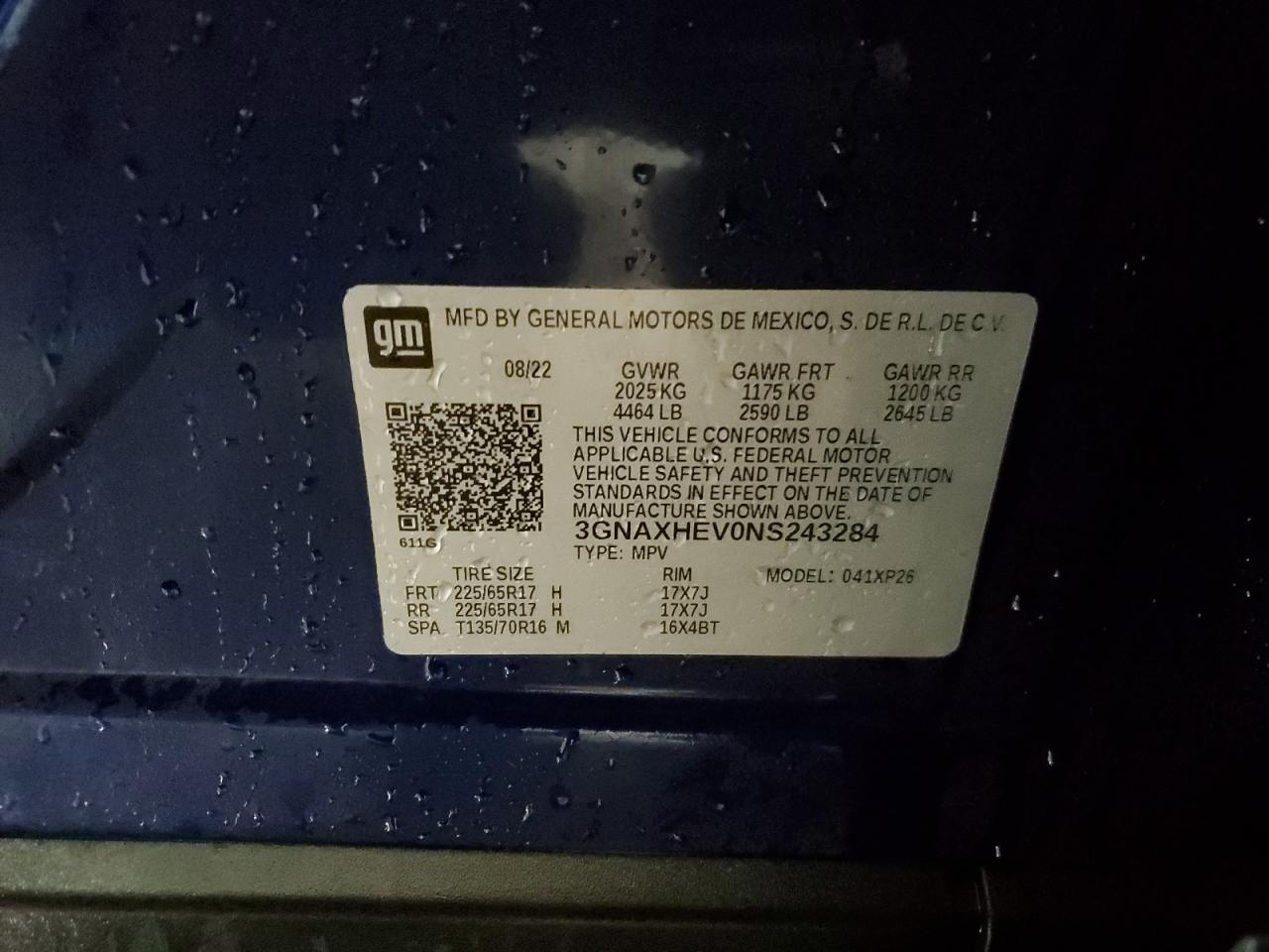 2022 CHEVROLET EQUINOX LS VIN:3GNAXHEV0NS243284