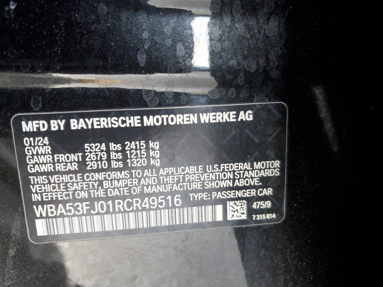 2024 BMW 530 XI VIN:1J8FT47W77D145745