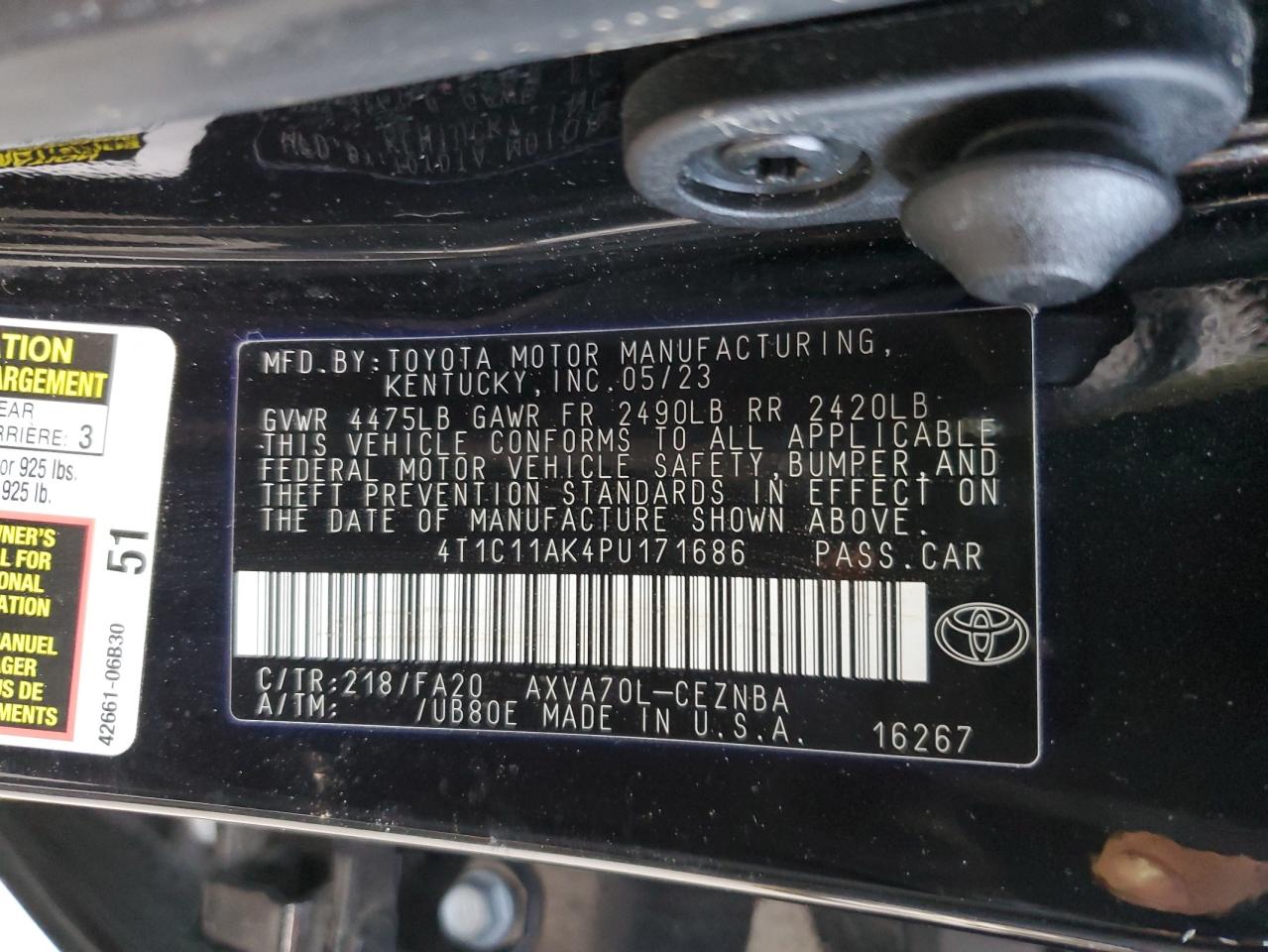 2023 TOYOTA CAMRY LE VIN:4T1C11AK4PU171686